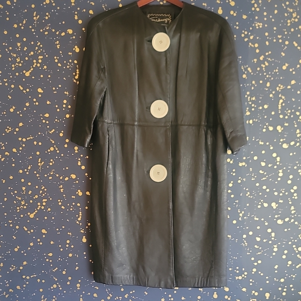 Vintage 60s Sydney's Custom Mod Leather Coat Bracelet Sleeve Oversize Buttons